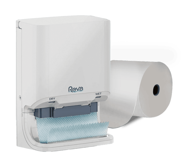 Reva dispenser with towel roll.