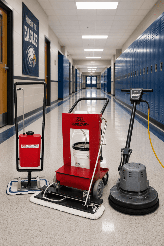 Fas-Trak floor care systems displayed in a high school hallway with blue lockers and polished floors.