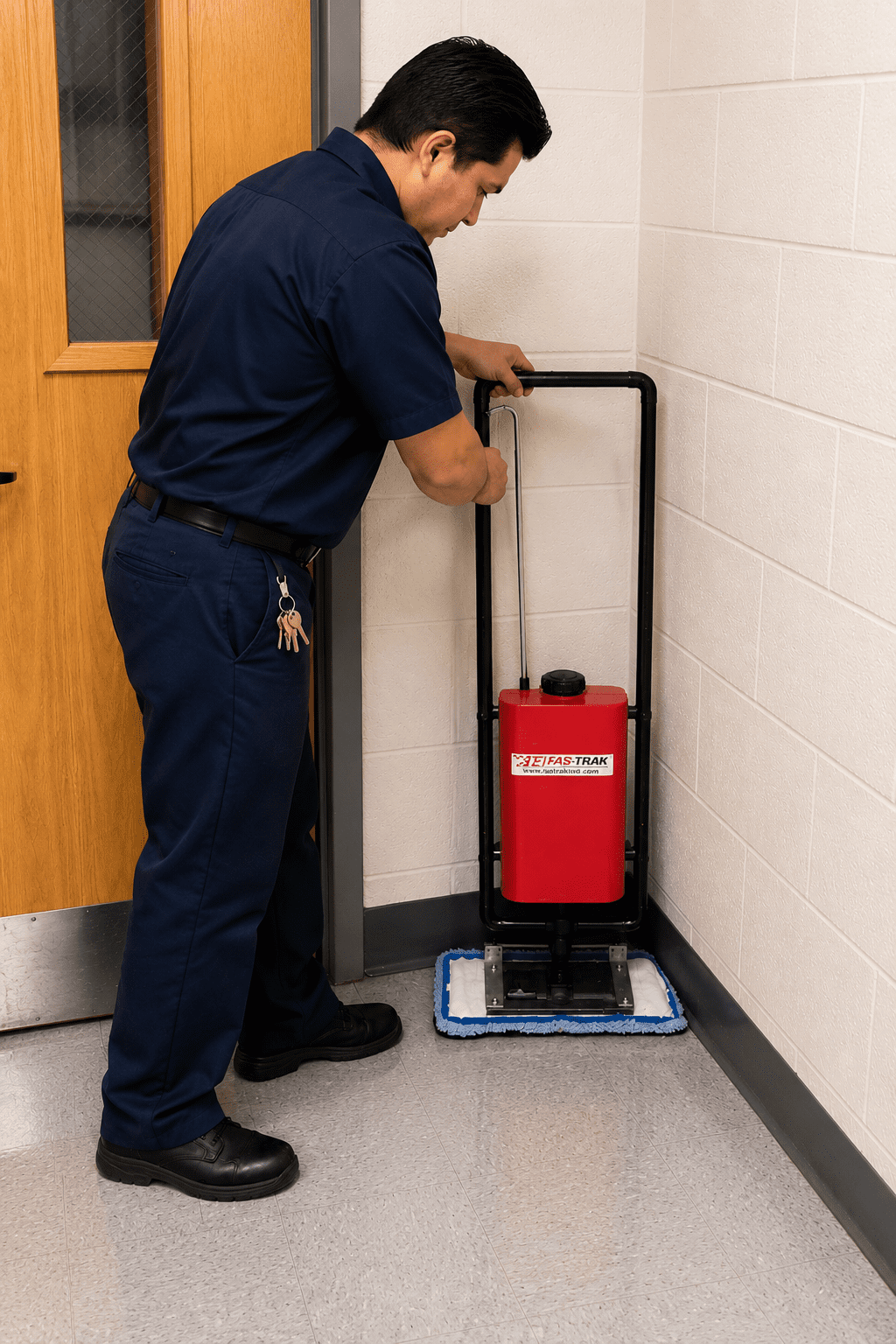 an image of a custodian using a Micro-Trak in a corner getting the area clean.