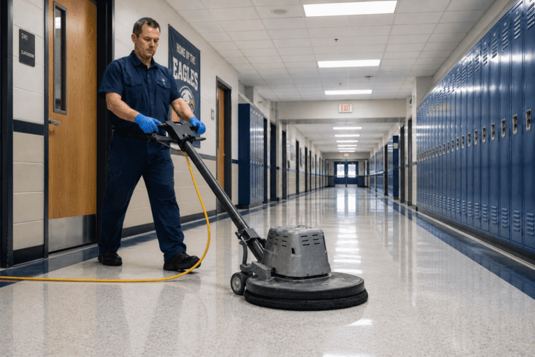 Image of a middle aged maintenance worker in a school using a floor machine in an empty hallway.