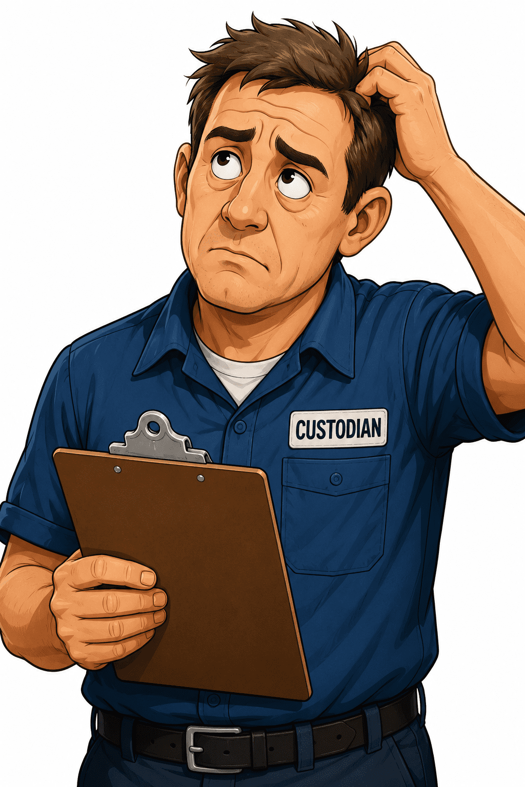 image of a custodian with a clipboard wondering why things aren't getting better.