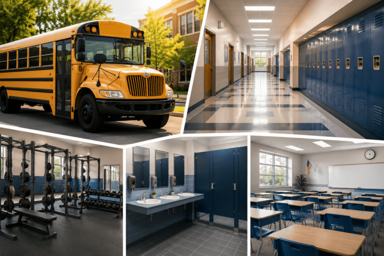 Collage of educational facility environments including a school bus, hallway lockers, classroom, restroom, and athletic training room, highlighting key areas for school sanitation and odor-control programs.