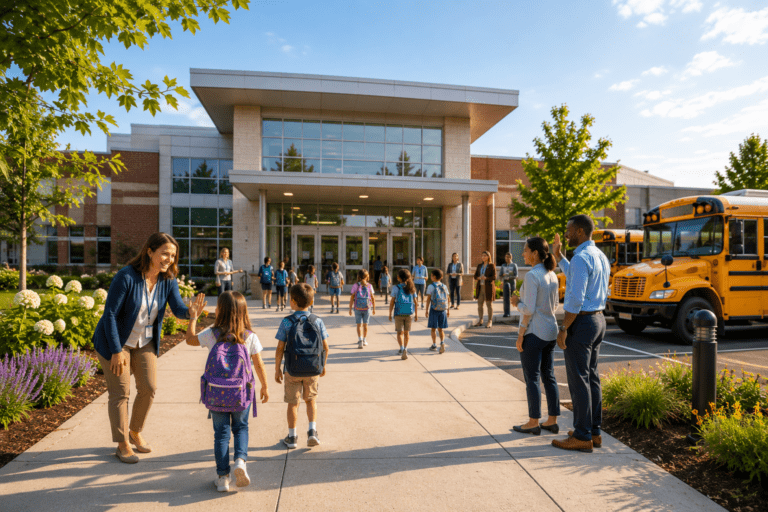 Parents and students arriving at a clean, modern school entrance with welcoming teachers and well-maintained facilities supporting a healthy learning environment.