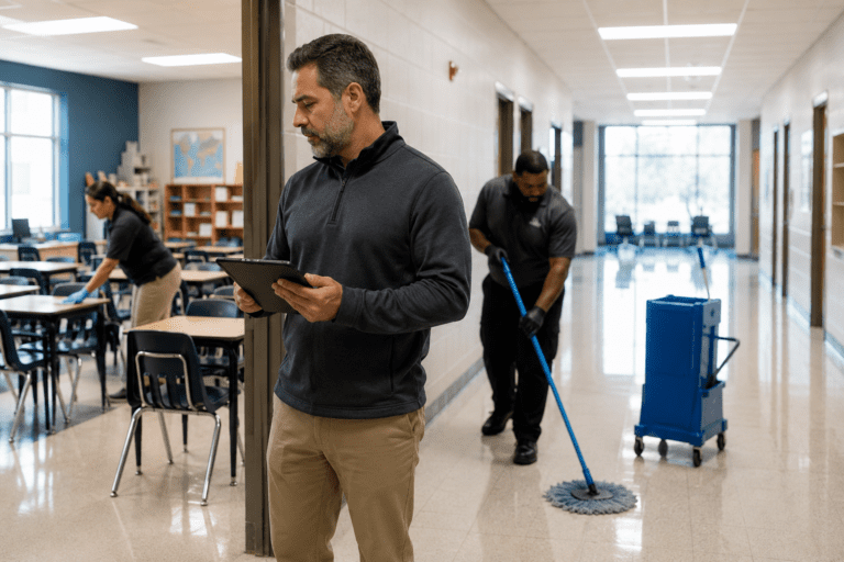 a school principle overseeing that the facility is cleaned properly