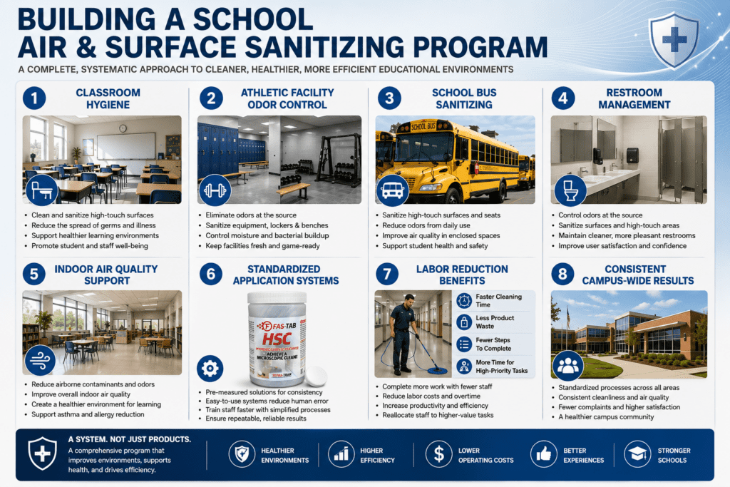 an infograph showing an 8 step efficiency program for school systems.