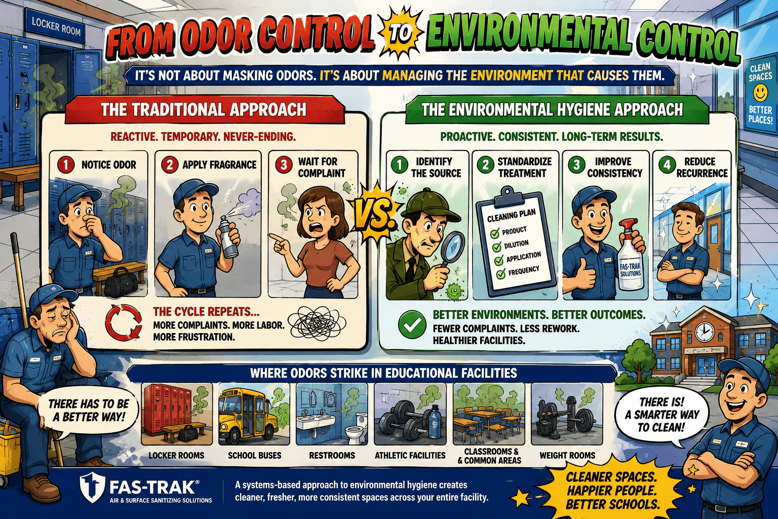 comical rendition of an infograph showing the process from odor control to environmental control