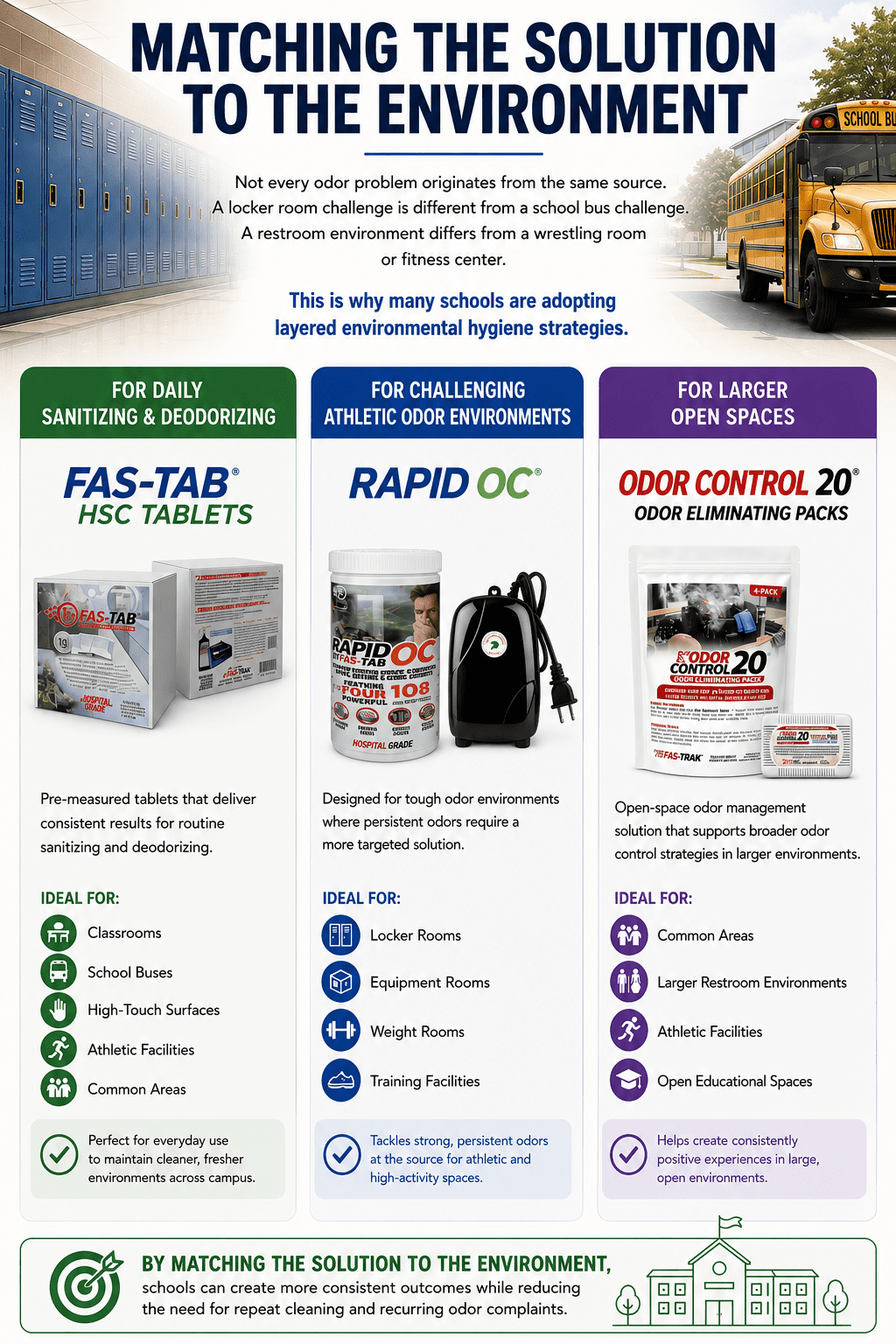 School odor-control infographic showing Fas-Tab HSC, Rapid OC, and Odor Control 20 solutions matched to classrooms, school buses, locker rooms, athletic facilities, restrooms, and common areas.