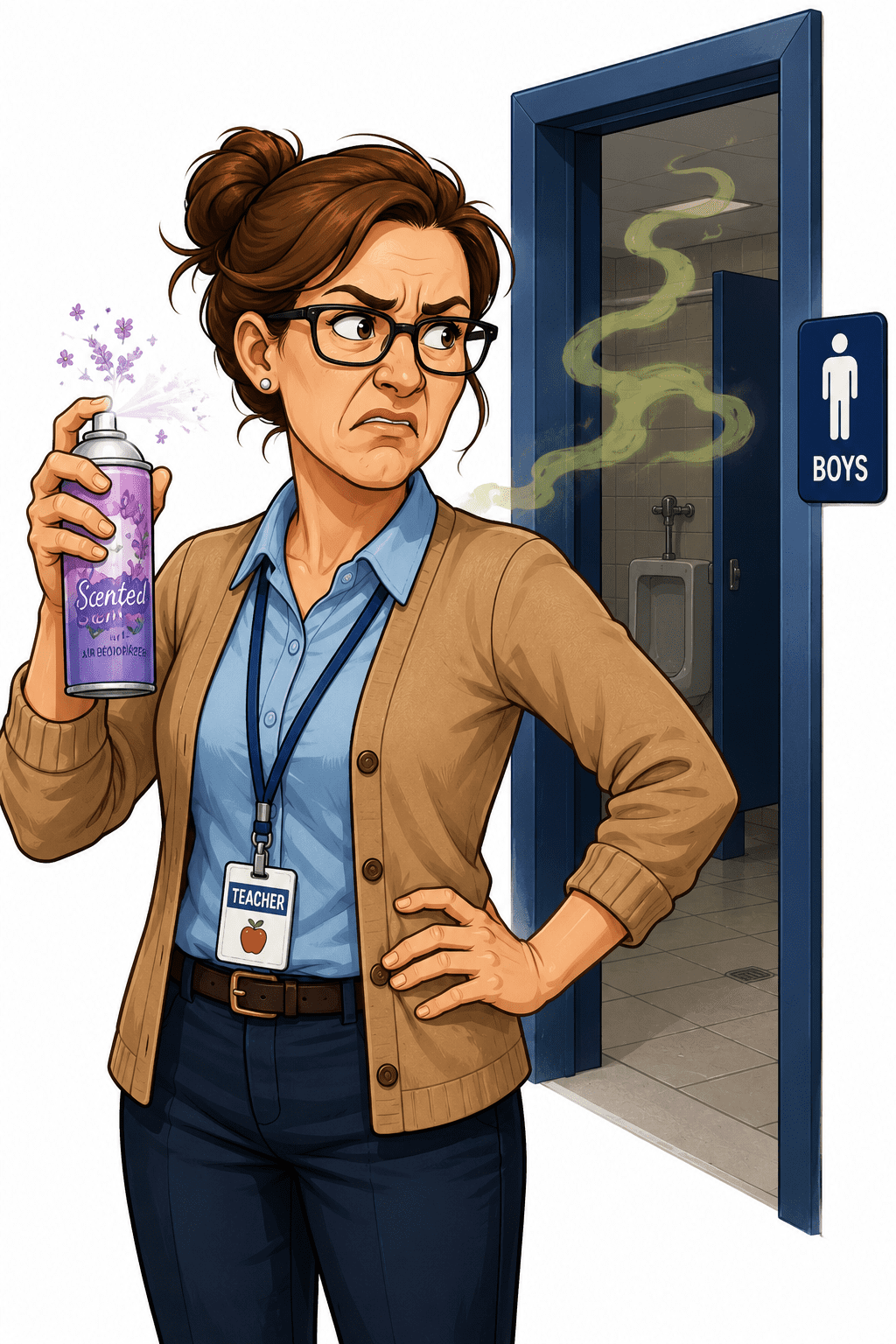 teacher spray air freshner outside the boys bathroom while reacting to the odor.