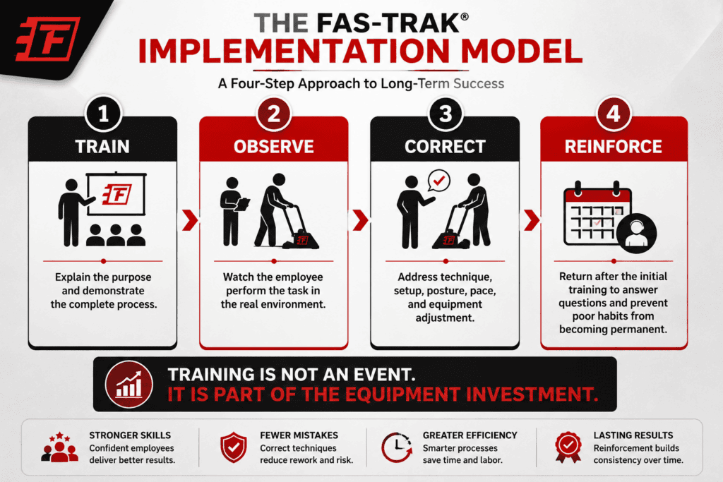image showing the 4 step implementation model of train-Observe-correct-reinforce.