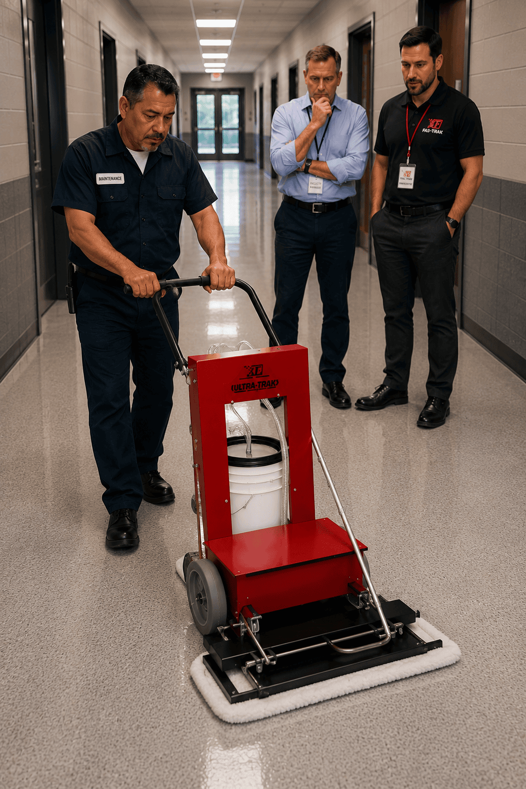 The Rep is having the maintenance employee use the Ultra-Trak Plus to perform the same job to test efficiency.