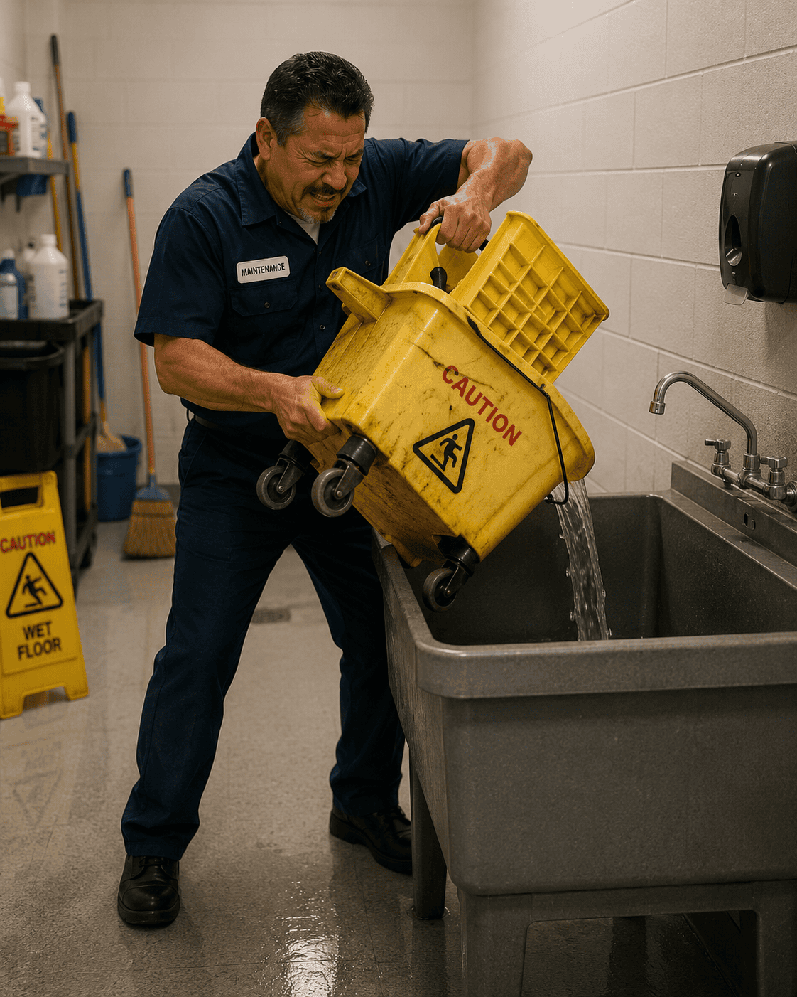 Maintenance employee struggling with the weight of emptying a janitorial mop bucket.