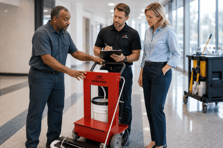 Fas-Trak representative conducting a post-sale follow-up with a facility manager and maintenance employee to review equipment performance, operator experience, and ongoing support.