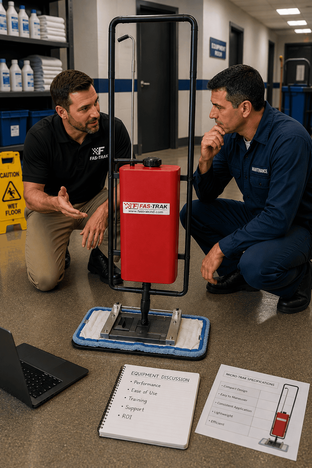 Fas-Trak representative meeting on-site with a maintenance employee to discuss the Micro-Trak floor applicator, demonstrating equipment evaluation, operator support, and an ongoing problem-solving partnership.