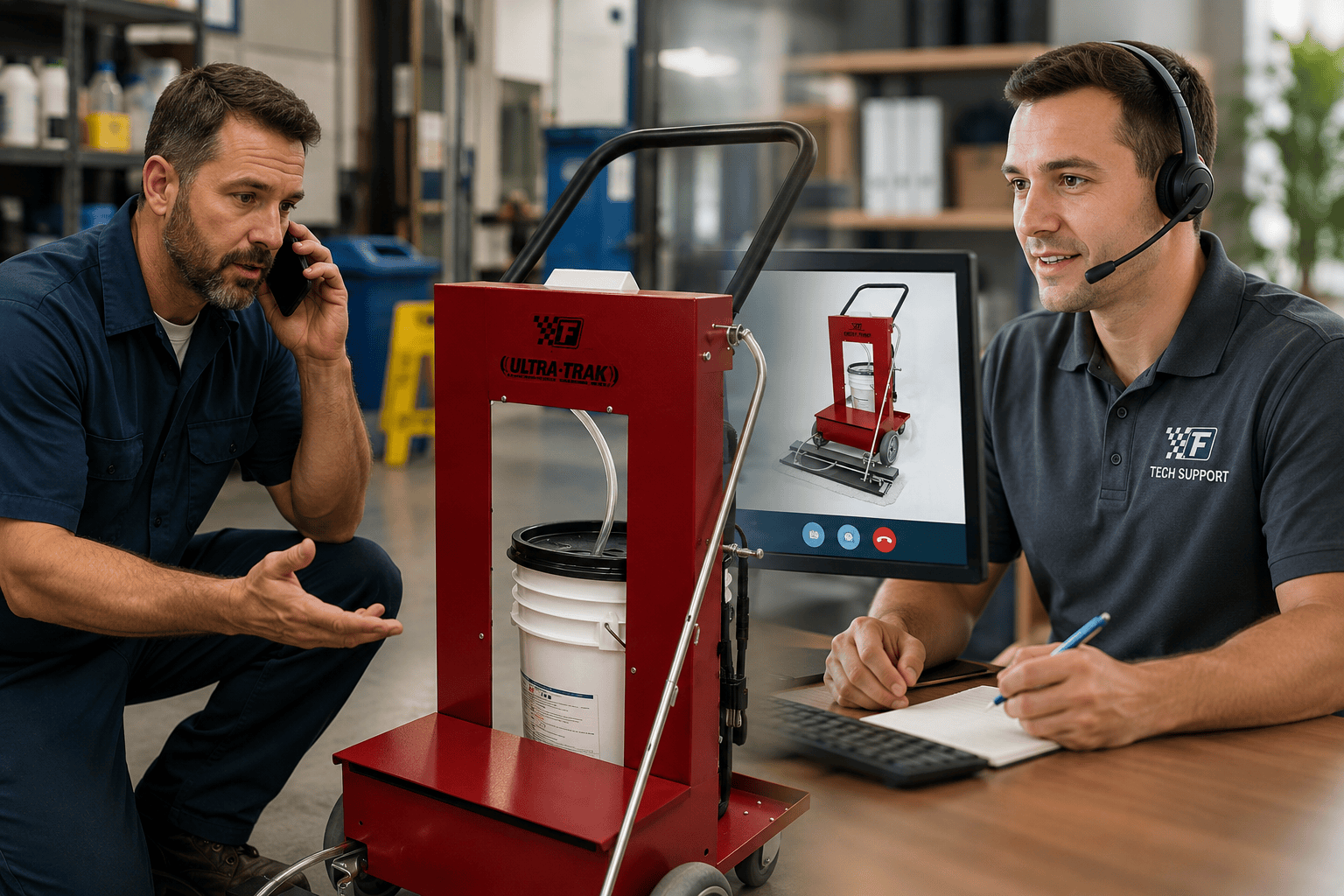 Maintenance employee speaking by phone with a Fas-Trak technical support specialist while troubleshooting an Ultra-Trak floor coating applicator, illustrating responsive after-sale equipment support.