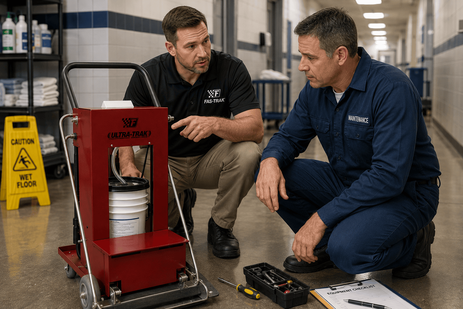 Fas-Trak representative providing on-site troubleshooting support with a maintenance employee while inspecting an Ultra-Trak floor coating applicator, demonstrating hands-on after-sale service and operator support.