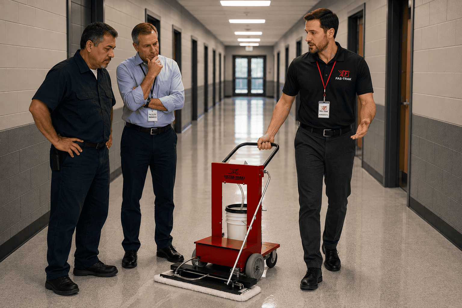 rep demonstrates the ultra-Trak floor washing device as an alternative to old fashioned back breaking techniques.