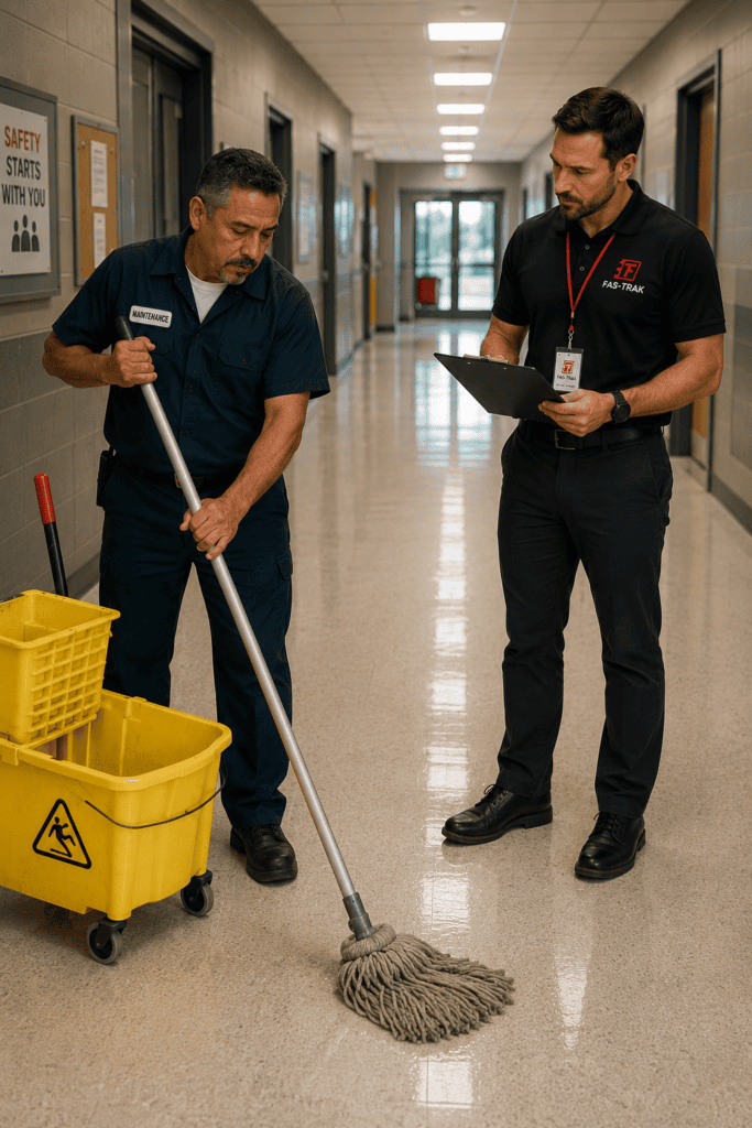 A Rep watches as an employee shows him the standard process of mopping a floor with a standard mop and janitorial bucket.