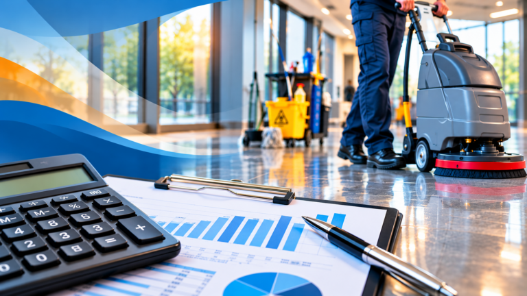 Facility cleaning cost analysis with calculator, productivity charts and a commercial floor cleaning machine in a modern building.
