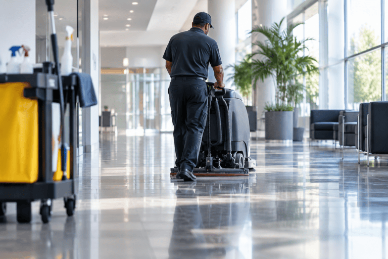 image of a maintenance employee walking the floor with a floor cleaning machine during an 8 hour day.