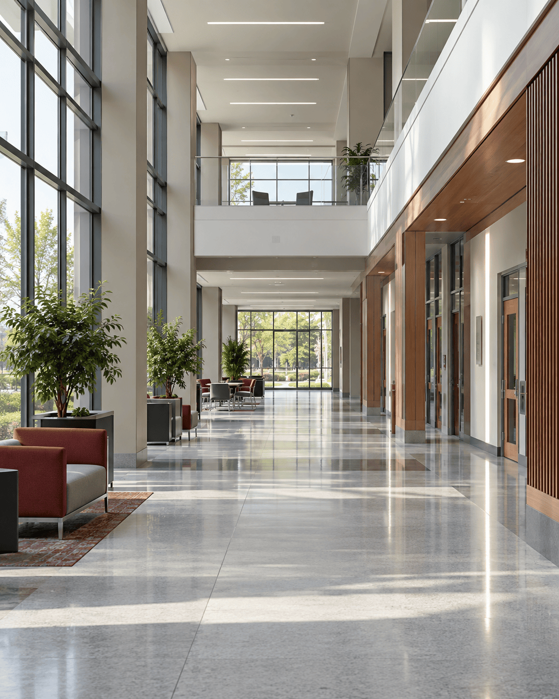 Pristine modern commercial facility with polished floors, spotless windows, clean architectural lines, and bright natural light.