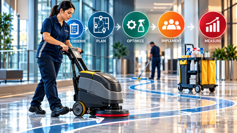 Commercial cleaning professional operating a floor scrubber in a modern facility, with optimized cleaning routes and a five-step workflow diagram illustrating how facility managers can improve custodial productivity through observation, planning, equipment optimization, implementation, and performance measurement.