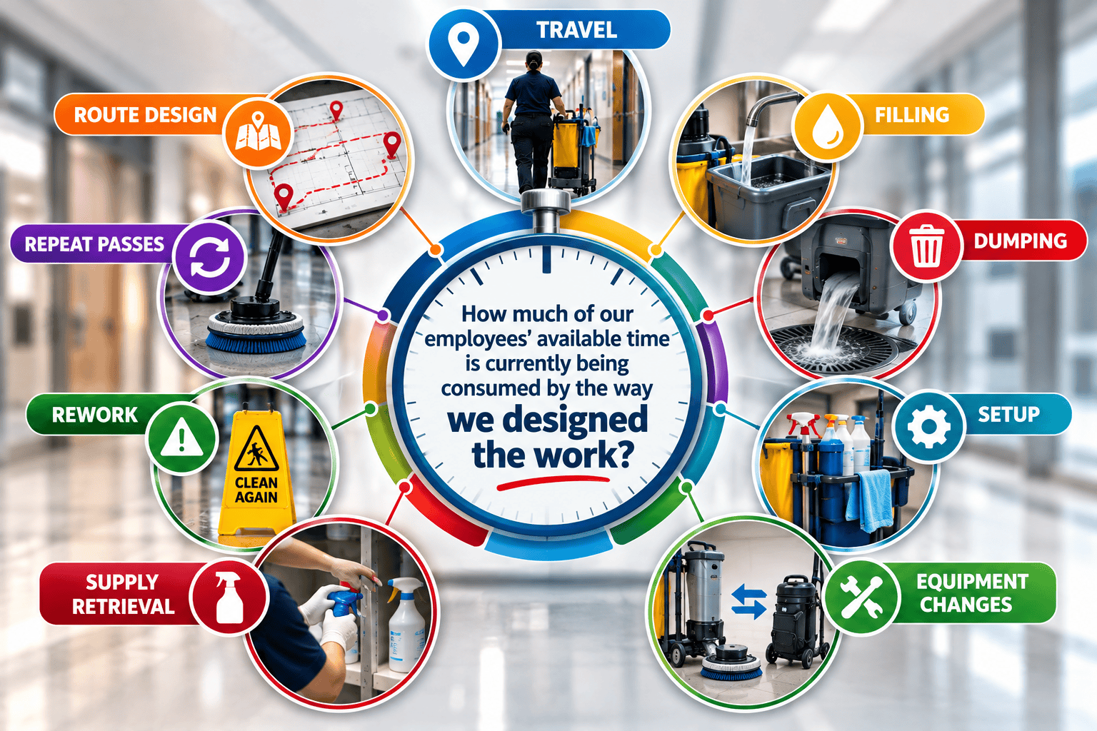 Custodial workflow infographic showing how travel, filling, dumping, setup, equipment changes, supply retrieval, route design, repeat passes and rework can consume available cleaning time.