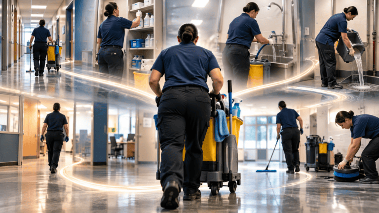 a custodial employee showing the different divisions of efficiency