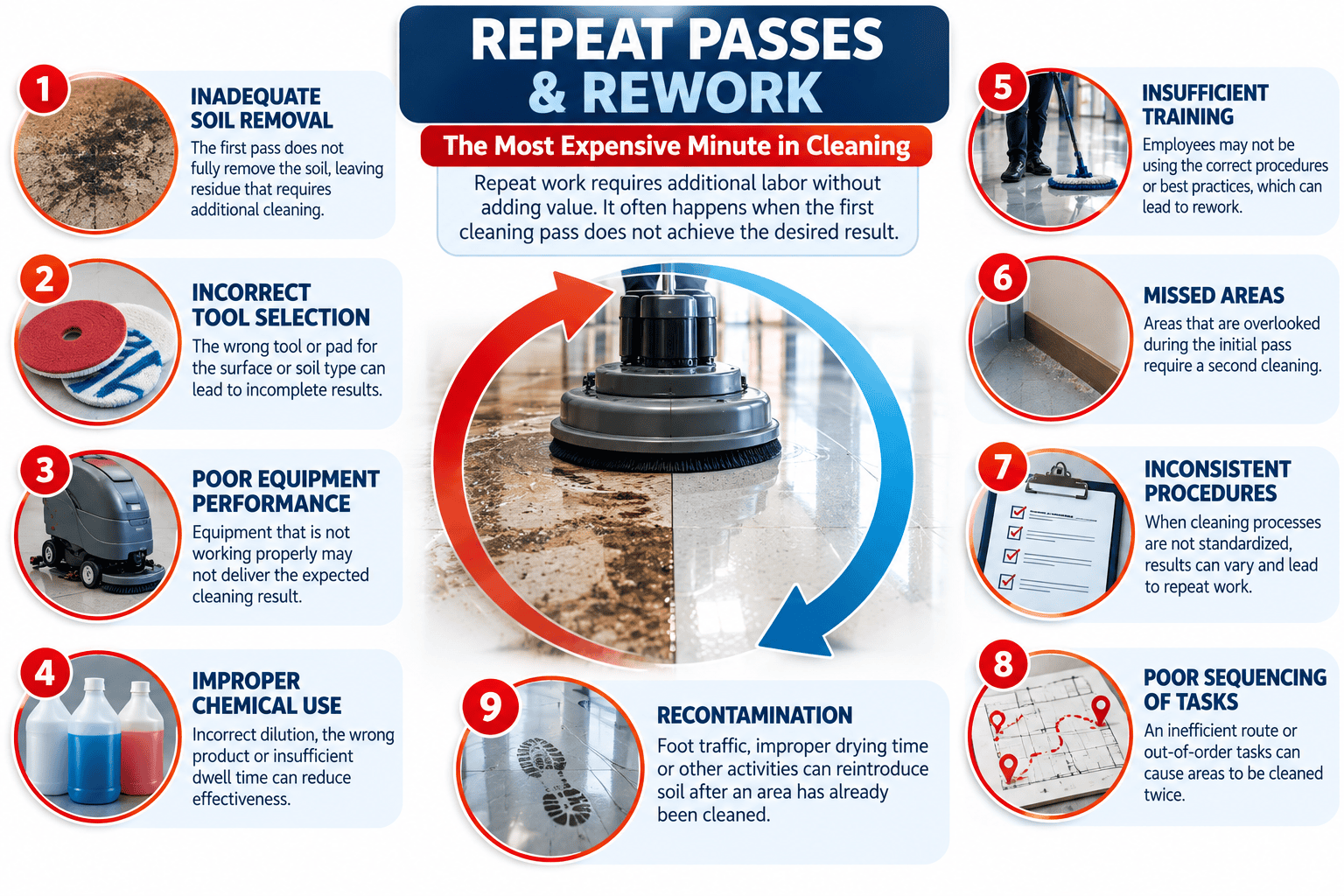 Infographic showing nine causes of repeat cleaning passes and rework, including inadequate soil removal, incorrect tools, poor equipment performance, improper chemical use, insufficient training, missed areas, inconsistent procedures, poor task sequencing and recontamination.