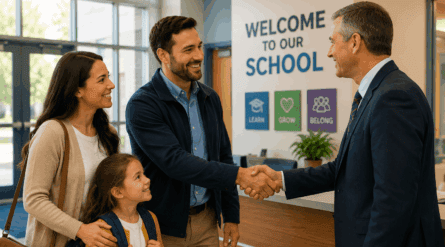 parents meeting with the principle in a new well kept school. they are happy and pleased at how nicely kept the school is.